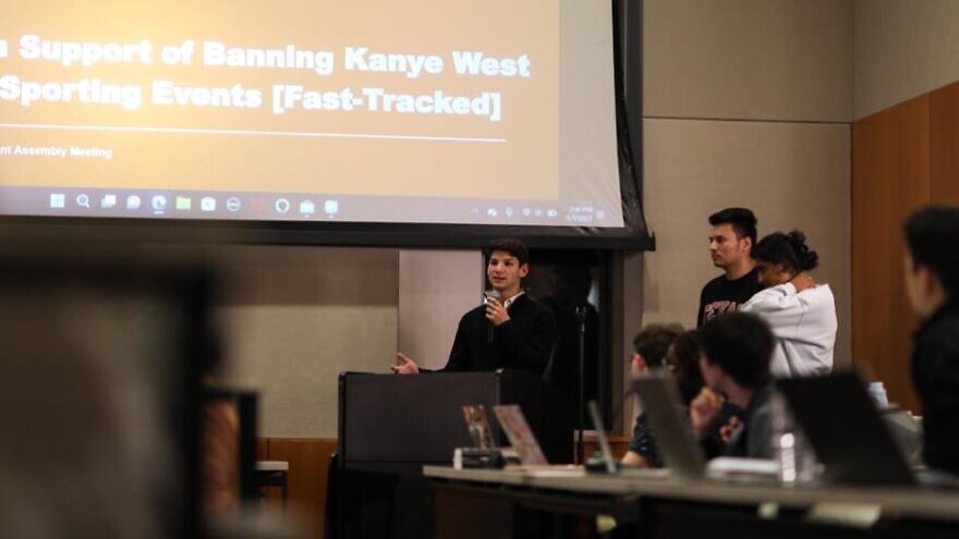 Student representative Alexander Feinstein speaks before a vote on a resolution to ban the music of Kanye West at sporting events on the University of Texas at Austin. Photo: Courtesy of Alexander Feinstein