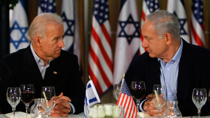 U.S. Vice President Joe Biden (left) and Israeli Prime Minister Benjamin Netanyahu attend a dinner at the Prime Minister's Residence in Jerusalem, March 9, 2010. Photo by Miriam Alster/Flash90.
