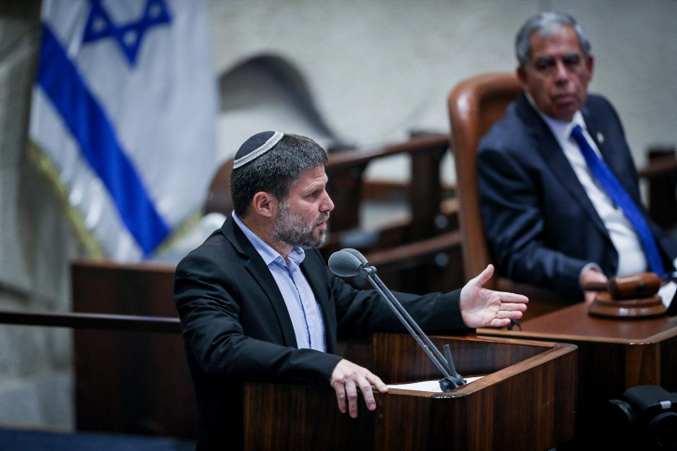 Religious Zionism Party head Bezalel Smotrich speaks at the Knesset ceremony marking the 27th anniversary of the assassination of Prime Minister Yitzhak Rabin, Nov. 6, 2022. Photo by Noam Revkin Fenton/Flash90.
