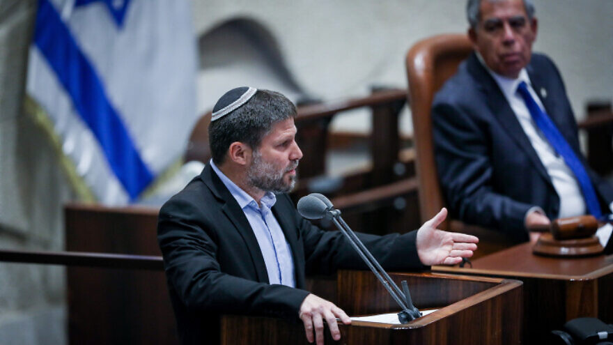 Religious Zionism Party head Bezalel Smotrich speaks at the Knesset ceremony marking the 27th anniversary of the assassination of Prime Minister Yitzhak Rabin, Nov. 6, 2022. Photo by Noam Revkin Fenton/Flash90.