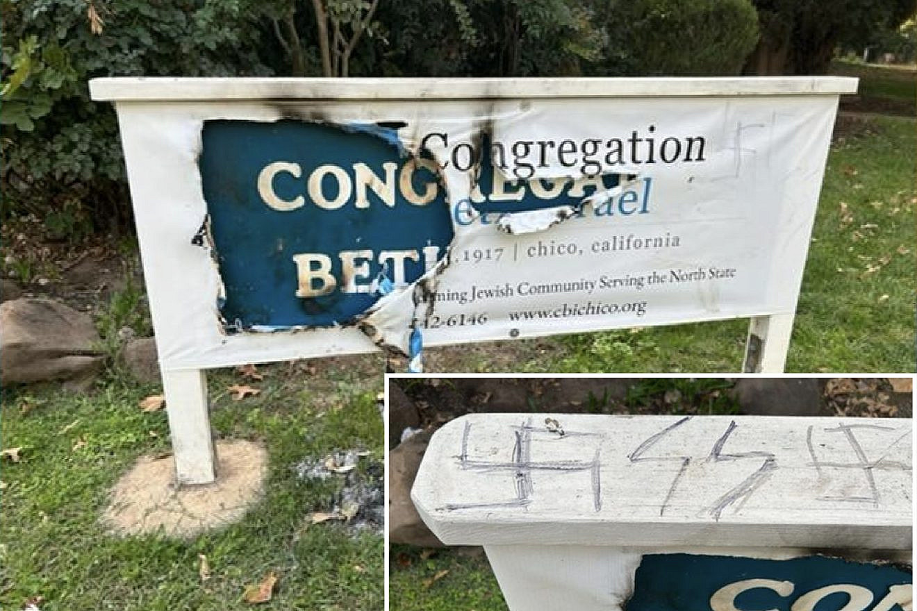A defaced sign at the Beth Israel synagogue in Chico, California on Nov. 3, 2022. Source: Twitter