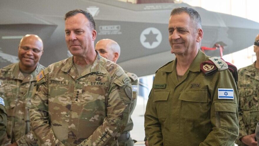 U.S. CENTCOM commander Gen. Mike Kurilla (left front) and IDF Chief of Staff Lt. Gen Aviv Kochavi (right front) visit an F-35 fighter squadron at Nevatim airbase, on Nov. 15, 2022. Credit: IDF.