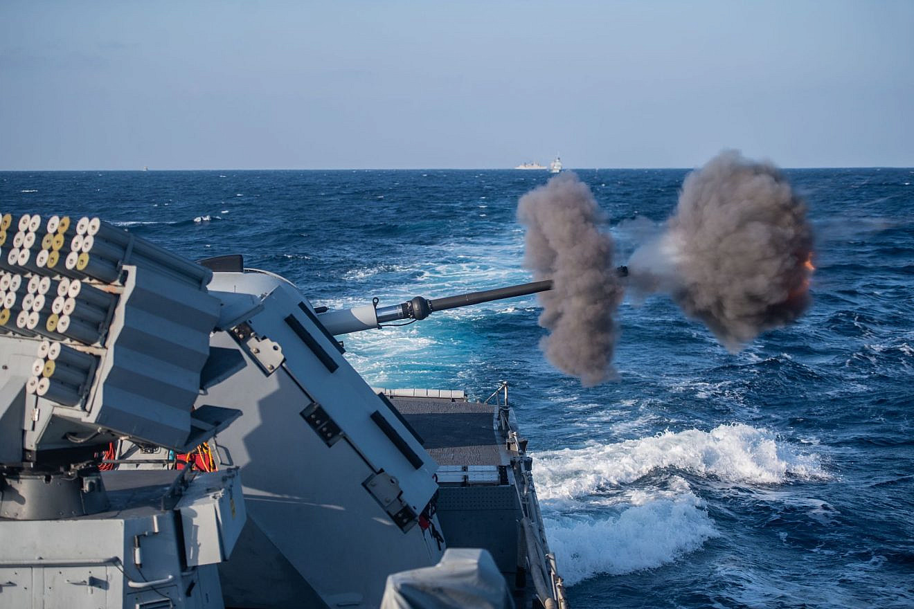 An Israel Navy Sa'ar-class missile boat fires its 76 mm gun during the recent training exercise with the Hellenic Navy in the Aegian Sea. Credit: IDF Spokesperson's Unit.