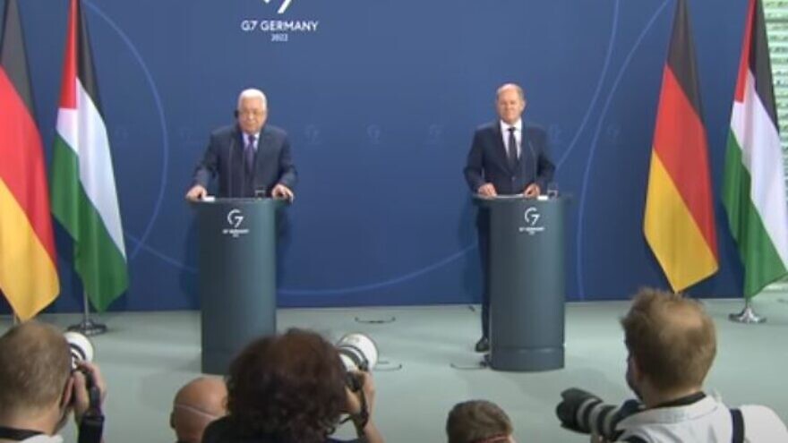 No. 3 on the SWC list: Palestinian Authority leader Mahmoud Abbas (left) says Israel committed “50 Holocausts,” speaking while standing alongside German Chancellor Scholz during a press conference in Berlin, Aug. 16, 2022. Source: YouTube.