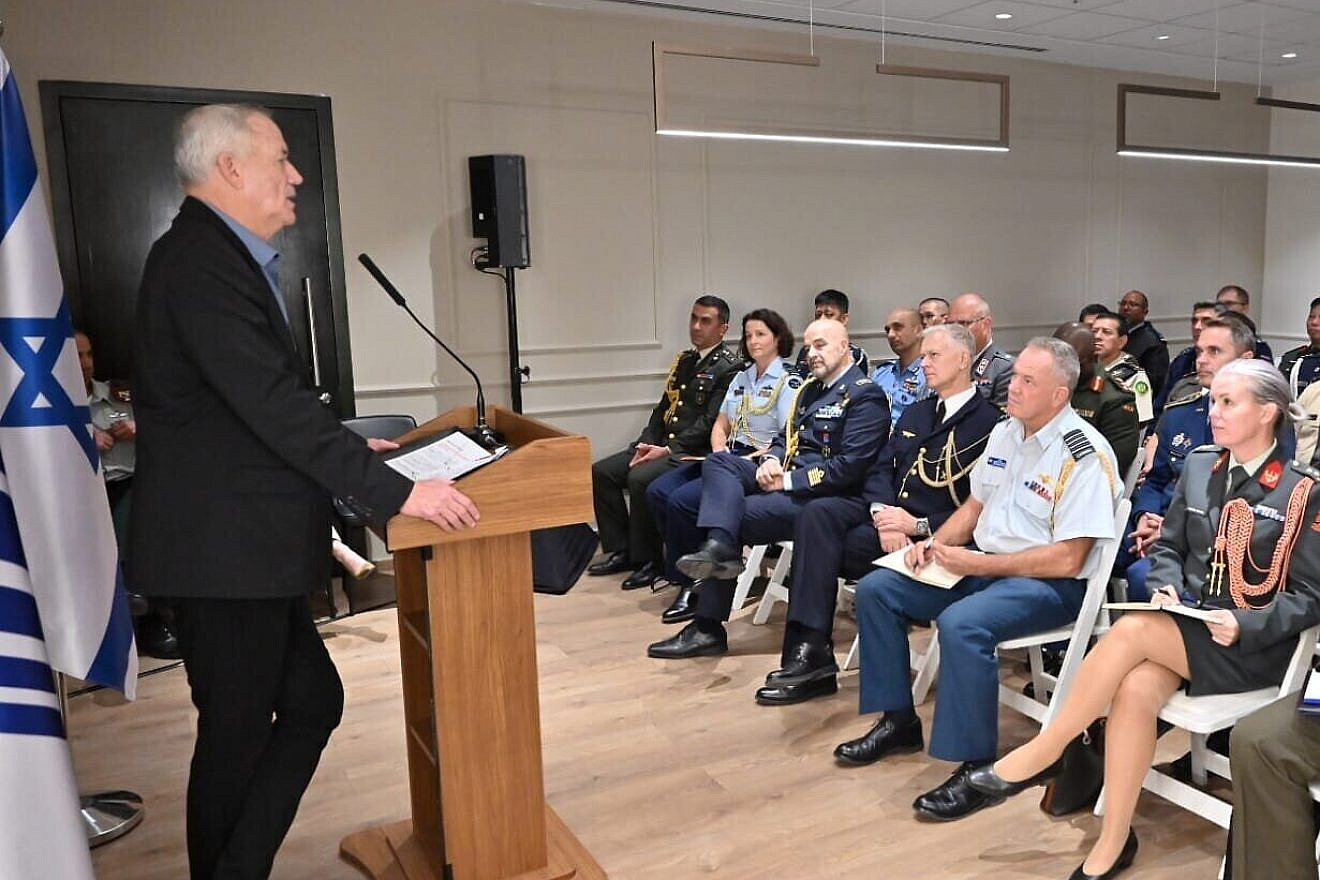 Israeli Defense Minister Benny Gantz conducts a security briefing for the defense attaches of over 30 countries, Dec. 1, 2022. Credit: Ariel Hermoni/Israeli Ministry of Defense.