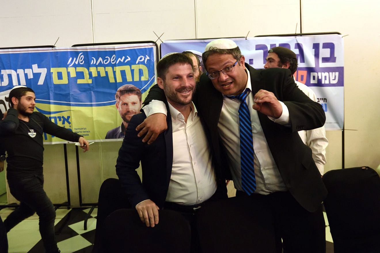 Betzalel Smotrich and Itamar Ben-Gvir attend Otzma Yehudit party's election campaign event in Bat Yam on April 06, 2019. Photo: Gili Yaari /Flash90