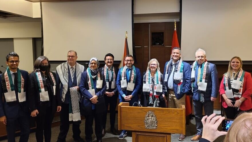 This image of Canadian MPs attending an International Day of Solidarity with the Palestinian People event on Parliament Hill on Nov. 29 was posted by Nazih Khatatba on his Facebook page. Source: Nazih Khatatba/Facebook.