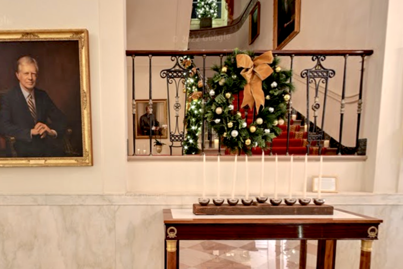 The new White House menorah as part of the official Christmas decorations, December 2022. Credit: WhiteHouse.Gov.