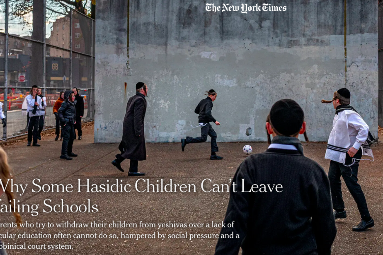 The online version of "The New York Times" story, “Why Some Hasidic Children Can’t Leave Failing Schools,” blasted by Agudath Israel of America. Source: Screenshot.