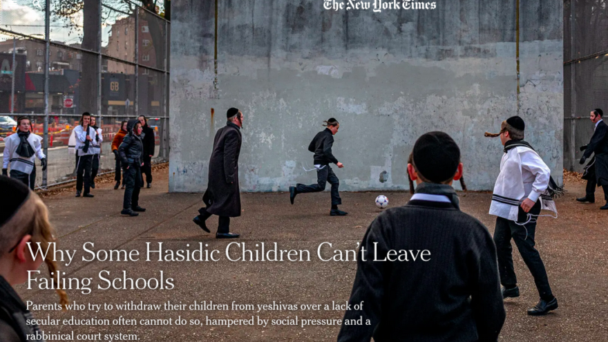 The online version of the New York Times story, “Why Some Hasidic Children Can’t Leave Failing Schools,” which was blasted by Agudath Israel of America. Credit: Screenshot.