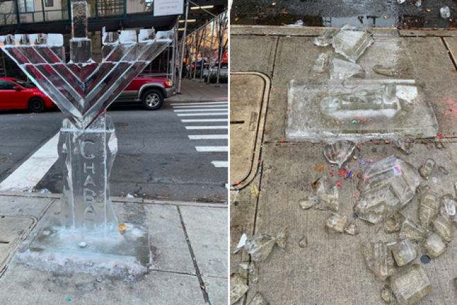 The ice-carved menorah commissioned by Upper East Side (UES) Chabad Israel Center, before and after it was smashed. Credit: Twitter.