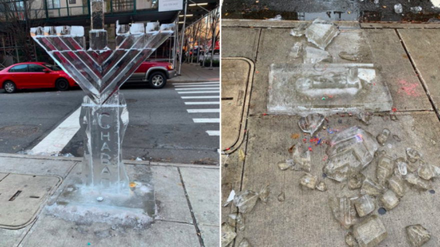 The ice-carved menorah commissioned by Upper East Side (UES) Chabad Israel Center, before and after it was smashed. Credit: Twitter.