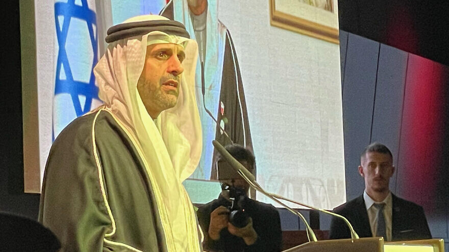 Khaled Yousif Al-Jalahma, Bahrain’s ambassador to Israel, speaks at an event celebrating Bahrain National Day in Tel Aviv. Source: Courtesy.