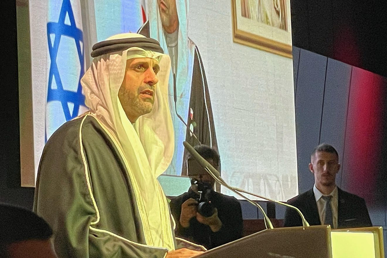 Khaled Yousif Al-Jalahma, Bahrain’s ambassador to Israel, speaks at an event celebrating Bahrain National Day in Tel Aviv. Source: Courtesy.