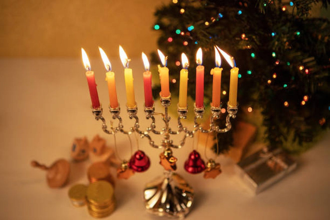 A Hanukkah menorah next to a Christmas tree. Credit: Wikimedia Commons.