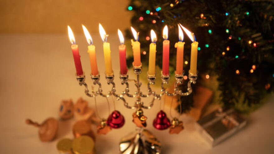 A Hanukkah menorah next to a Christmas tree. Credit: Wikimedia Commons.