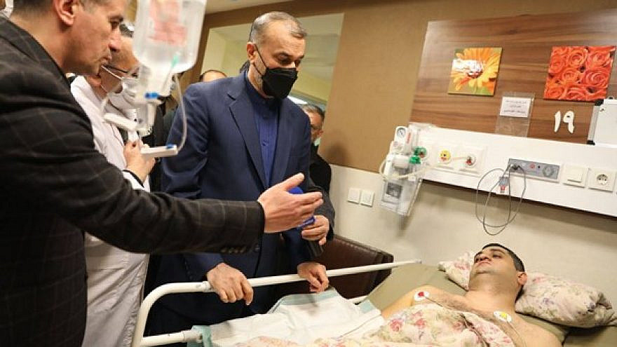 Iranian Minister of Foreign Affairs Hossein Amir-Abdollahian visits one of the individuals injured in the attack on Azerbaijan's embassy in Iran, January 27, 2023. Source: Fars Media Corporation via Wikimedia Commons.