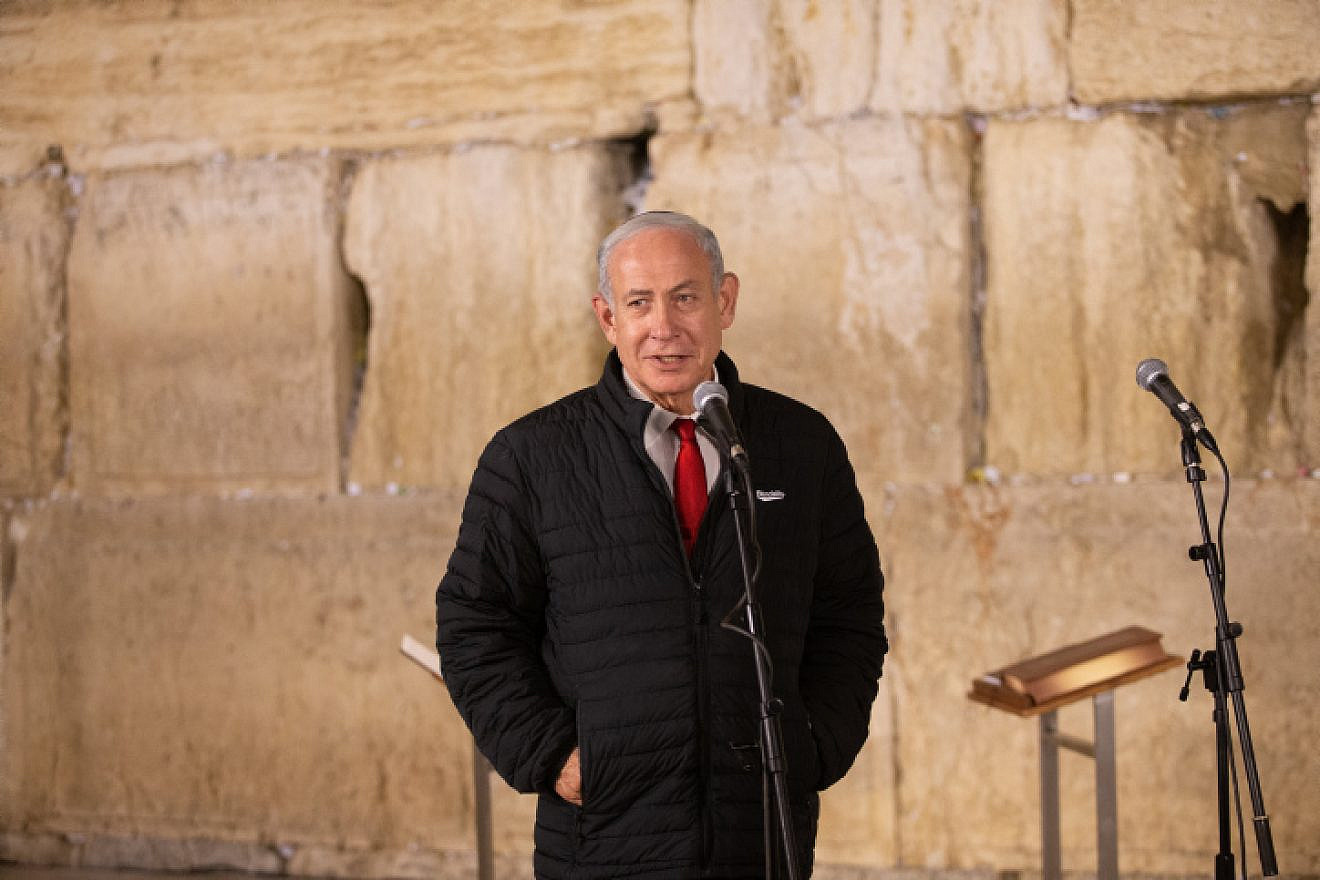 Israeli Prime Minister Benjamin Netanyahu visits the Western Wall in Jerusalem's Old City, Jan. 1, 2022. Photo by Alex Kolomoisky/POOL.