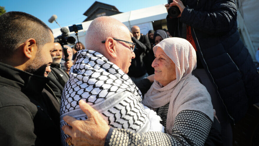 Family and friends greet Karim Younis, who was released from Israeli prison on Thursday, Jan. 5, 2023, after serving a 40-year prison sentence for murdering an IDF soldier in 1980. Photo by Jamal Awad/Flash90.