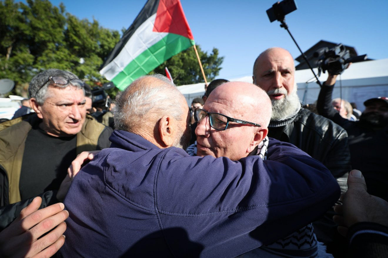 Family and friends in Ar'ara greet convicted Palestinian terrorist Karim Younis, who was released on Thursday after serving a 40-year sentence for murdering an Israeli soldier in 1980. Jan. 5, 2023. Photo by Jamal Awad/Flash90.
