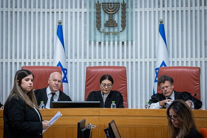 President of the Israeli Supreme Court Esther Hayut and fellow justices arrive for a court hearing on petitions demanding the annulment of the appointment of Shas leader Aryeh Deri as a government minister, at the Supreme Court in Jerusalem, Jan. 5, 2023. Photo: Yonatan Sindel/Flash90