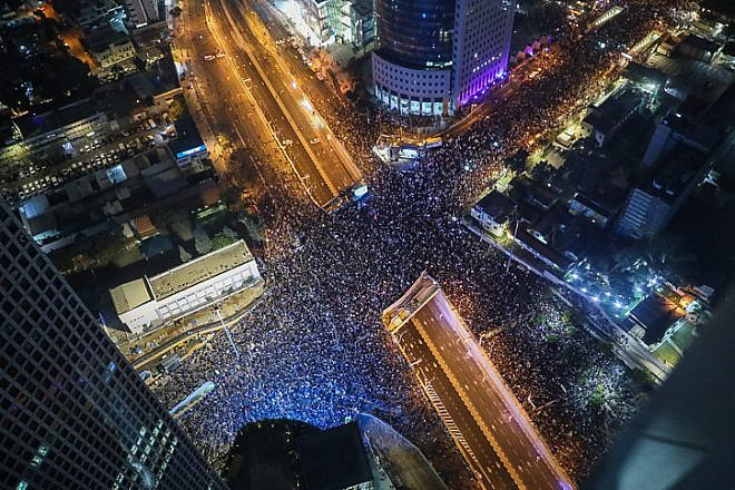 Tens of thousands of Israelis protest against the proposed changes to the legal system in Tel Aviv, Jan. 21, 2023. Photo by Flash90.