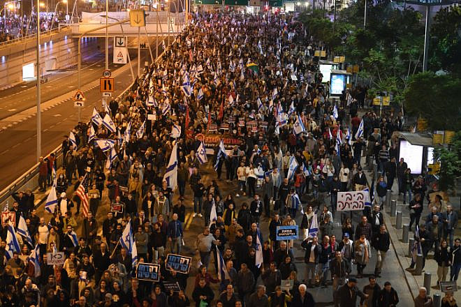 Thousands of Israelis rally in Tel Aviv against the government's proposed judicial reforms, Jan. 21, 2023. Photo by Gili Yaari/Flash90.