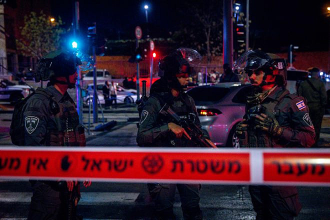 Israeli security personnel at the scene of a deadly shooting attack in the Neve Ya'akov neighborhood of Jerusalem, Jan. 27, 2023. Photo by Olivier Fitoussi/Flash90.