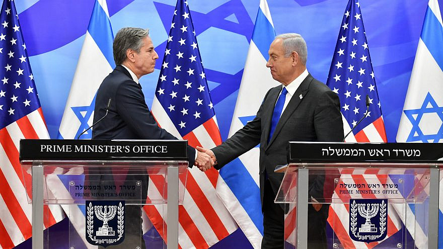 Israeli Prime Minister Benjamin Netanyahu and U.S. Secretary of State Antony Blinken give a press statement after their meeting at the Prime Minister Office in Jerusalem, Jan. 30, 2023. Photo by Yoav Ari Dudkevitch/POOL.