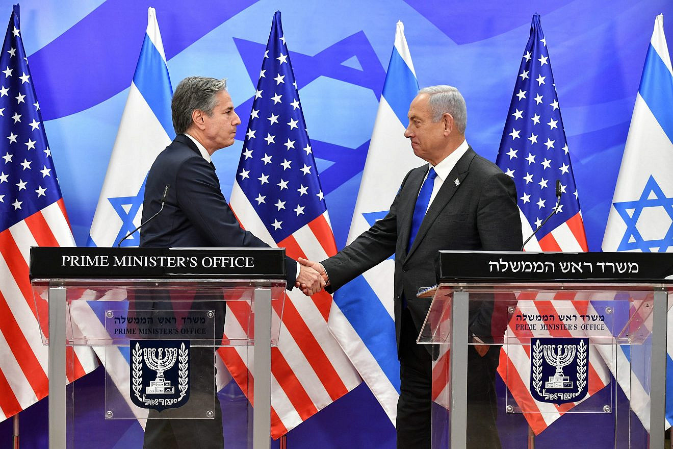 Israeli Prime Minister Benjamin Netanyahu and U.S. Secretary of State Antony Blinken give a press statement after their meeting at the Prime Minister Office in Jerusalem, Jan. 30, 2023. Photo by Yoav Ari Dudkevitch/POOL.