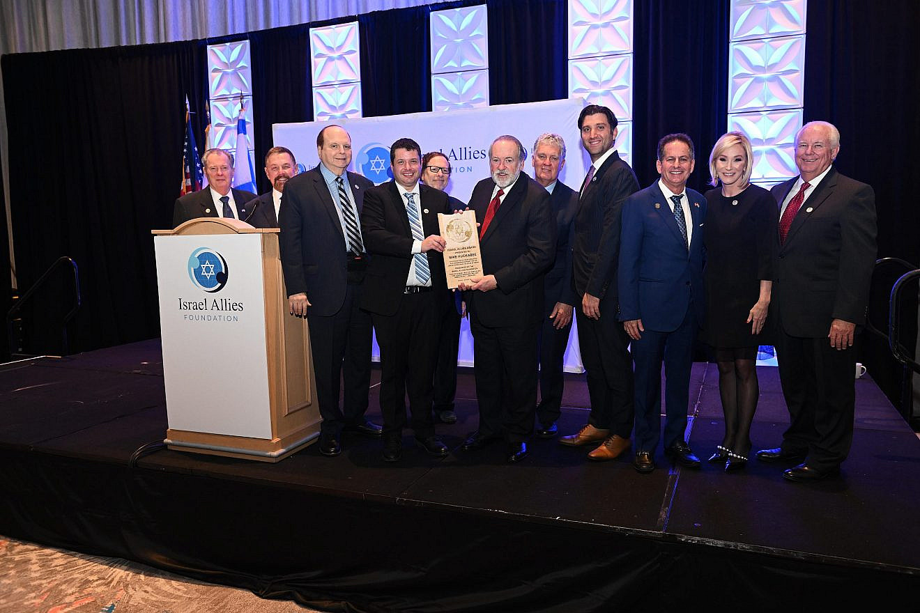 Former Arkansas Governor Mike Huckabee is honored by a group of Israel activists and Jewish and Christian friends of Israel, Jan. 30, 2023. Credit: Courtesy.