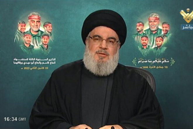 Hezbollah chief Hassan Nasrallah delivers a speech on Jan. 3, 2023. Source: Screenshot/Al-Manar.