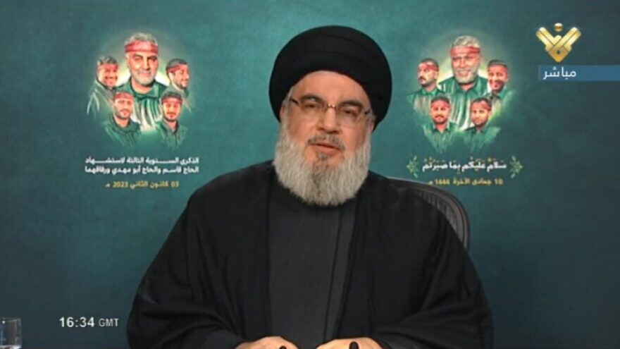 Hezbollah leader Hassan Nasrallah during a speech, Jan. 3, 2023. Credit: Screenshot/Al-Manar.