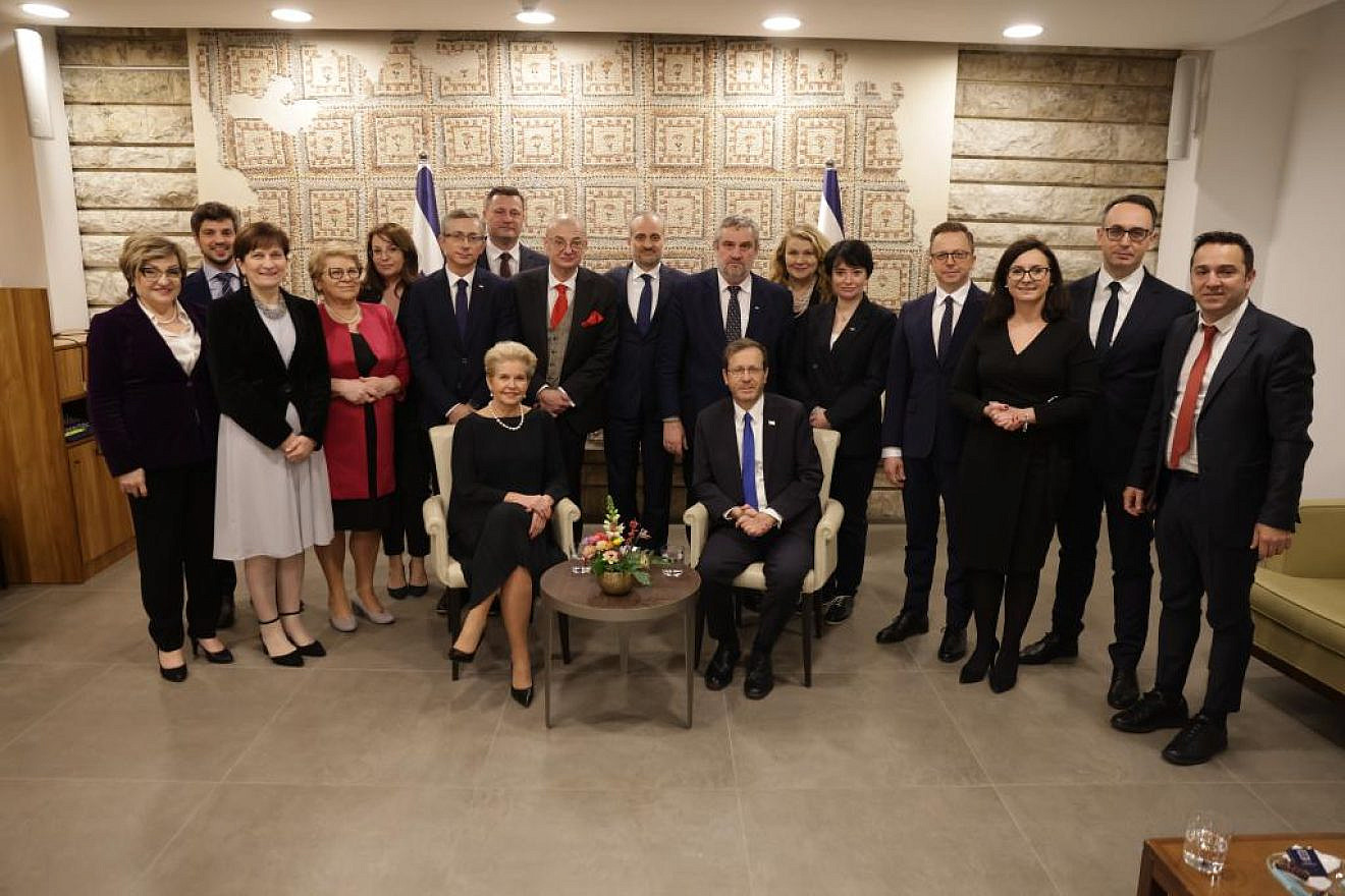 The Polish delegation meets with Israeli President Isaac Herzog at the president's official residence in Jerusalem, Jan. 16, 2023. Courtesy.