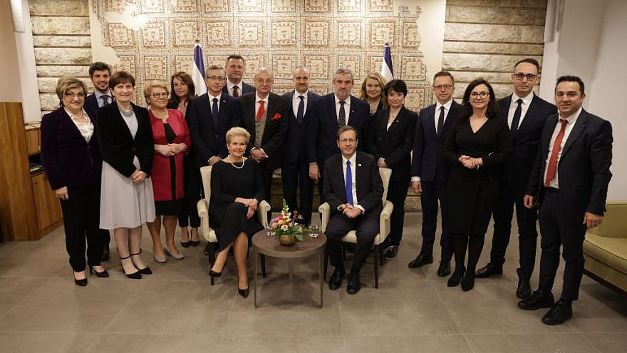 The Polish delegation meets with Israeli President Isaac Herzog at the president's official residence in Jerusalem, Jan. 16, 2023. Courtesy.