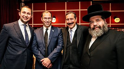 From right to left: Rabbi David Katz, Executive Director of the Israel Heritage Foundation; Dr. Joseph Frager, Executive Vice President of Israel Heritage Foundation; MK Simche Rothman; and Rabbi Akiva Ackerman of West Hempstead at the reception on January 25. Credit: Courtesy of the Israel Heritage Foundation.