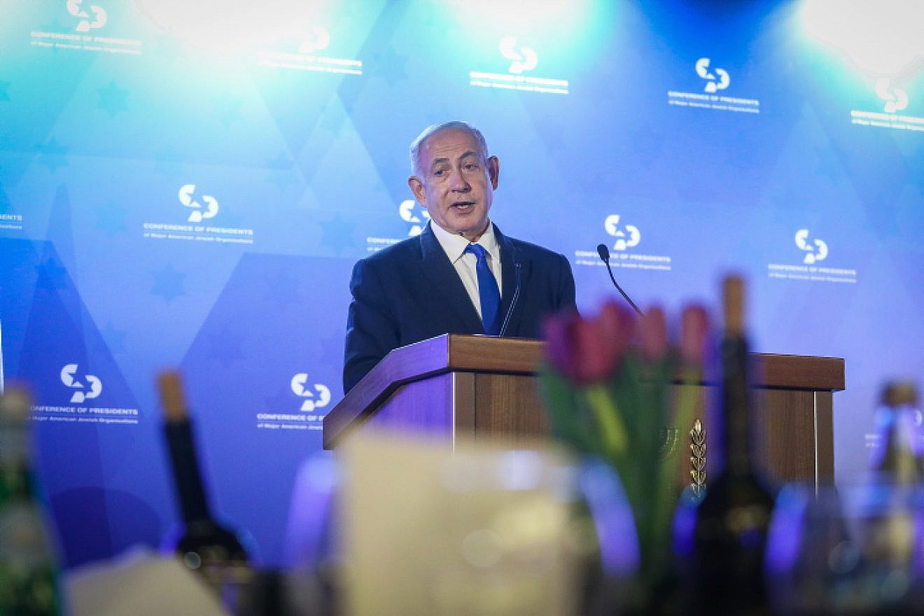 Israeli Prime Minister Benjamin Netanyahu speaks to the Conference of Presidents of Major American Jewish Organizations meeting in Jerusalem, Feb. 19, 2023. Photo by Noam Revkin Fenton/Flash90.