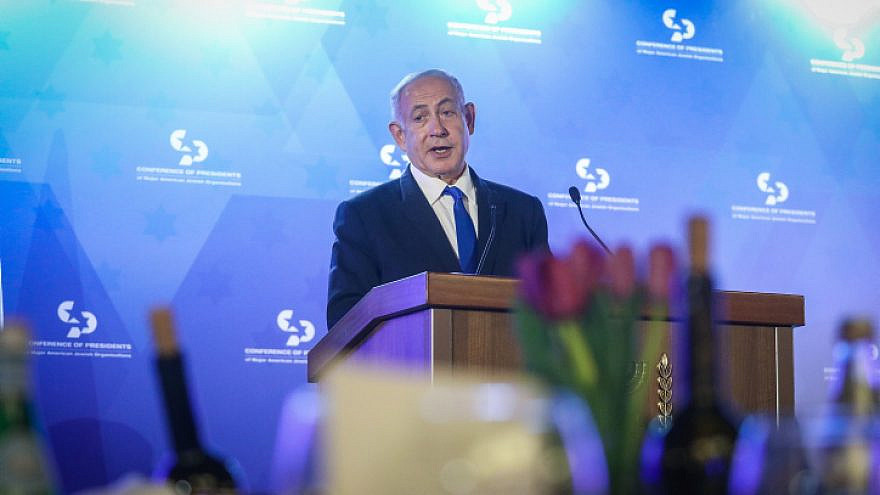 Prime Minister Benjamin Netanyahu speaks to the Conference of Presidents of Major American Jewish Organizations meeting in Jerusalem, Feb. 19, 2023. Photo by Noam Revkin Fenton/Flash90.
