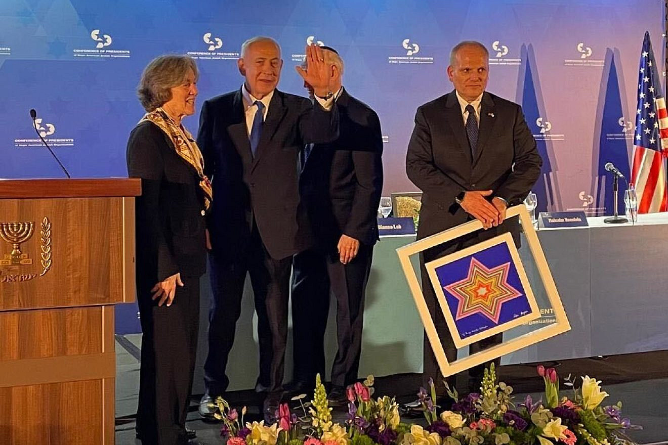 From left: Dianne Lob, chair of the Conference of Presidents of Major American Jewish Organizations; Israeli Prime Minister Benjamin Netanyahu; Malcolm Hoenlein, longtime Conference of Presidents executive vice chairman; and Conference of Presidents CEO William Daroff.