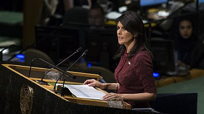 U.S. Ambassador to the United Nations Nikki Haley speaks at an emergency General Assembly meeting in United Nations headquarters in New York City to vote on Jerusalem's situation on Dec. 21, 2017. Photo: Amir Levy/FLASH90