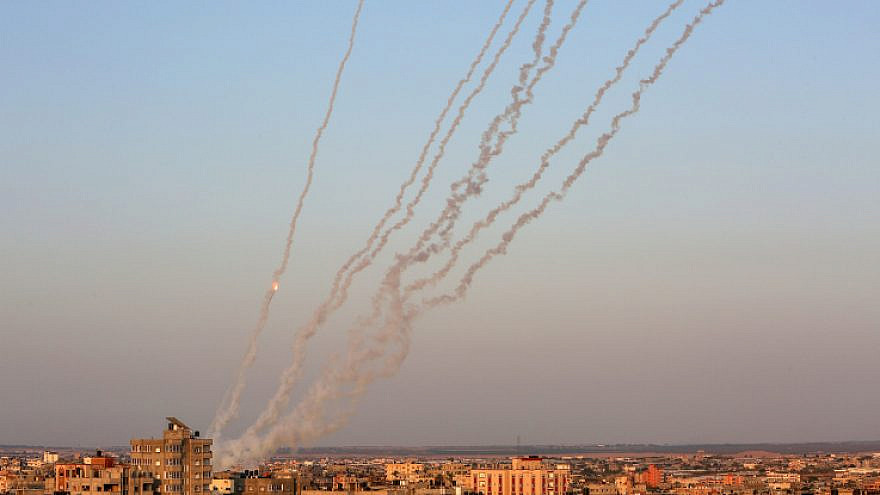 Rockets are launched from the Gaza Strip towards Israel, in the city of Rafah in the southern Gaza Strip, on Aug 7, 2022. Photo by Abed Rahim Khatib/Flash90.