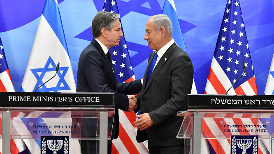 Israeli Prime Minister Benjamin Netanyahu and U.S. Secretary of State Antony Blinken at a joint press conference in Jerusalem, Jan. 30, 2023. Photo by Yoav Ari Dudkevitch/POOL.