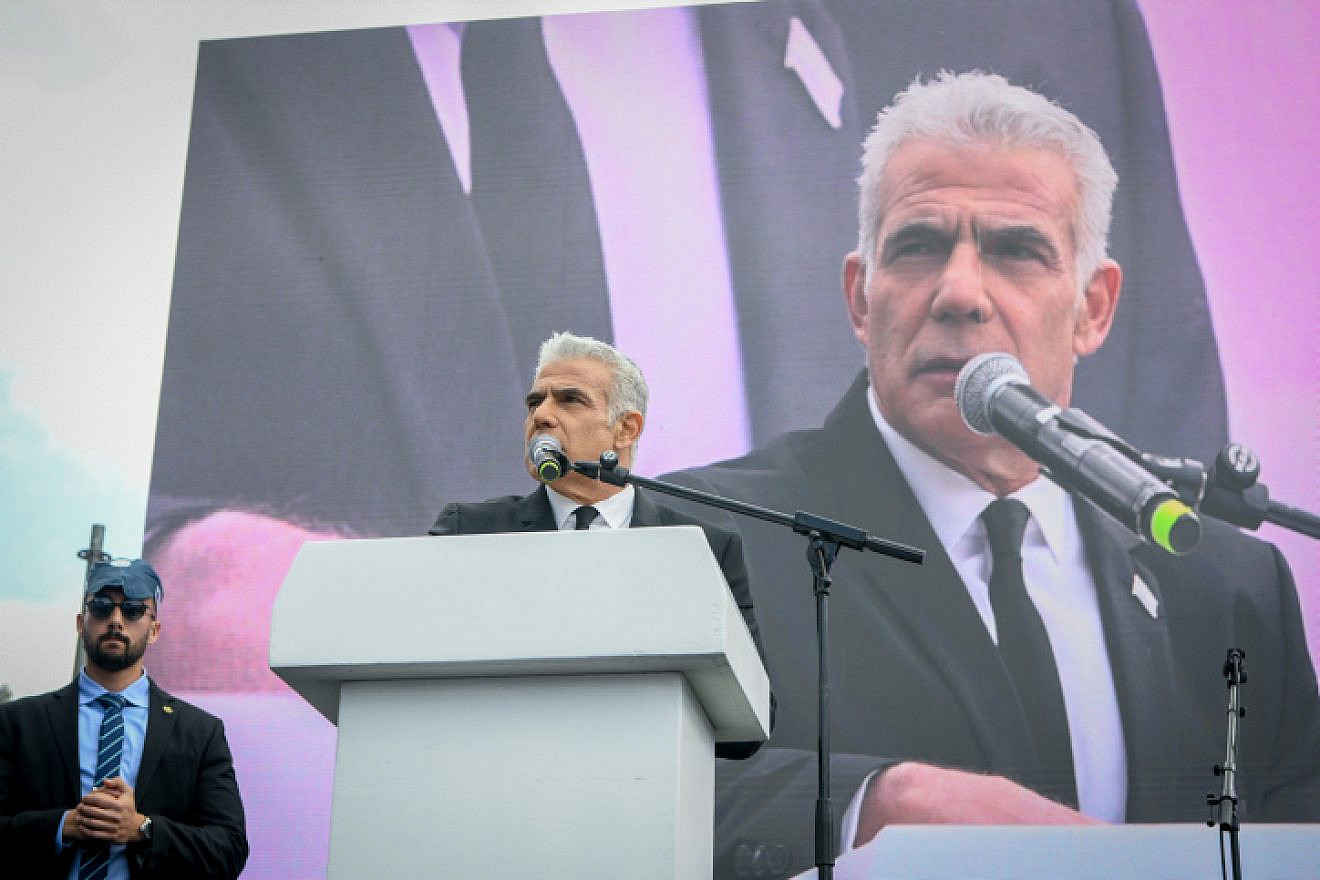 Opposition leader Yair Lapid speaks at a protest outside the Knesset in Jerusalem against the judicial reform program, Feb. 13, 2023. Photo by Arie Leib Abrams/Flash90.