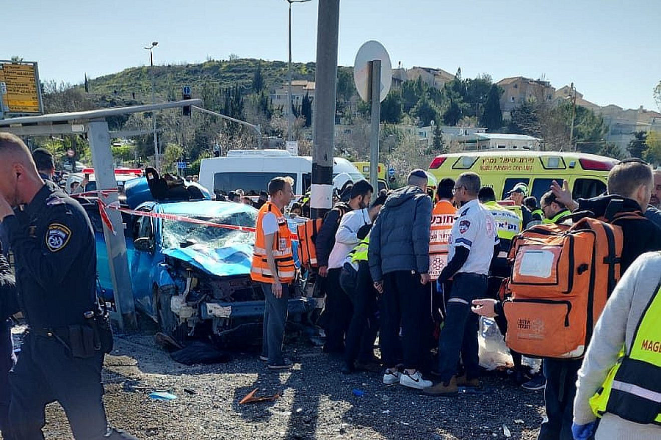 The scene of a deadly terrorist attack after an Israeli Arab drove a car into people near the Ramot neighborhood of Jerusalem on Feb. 10, 2023. Credit: United Hatzalah.