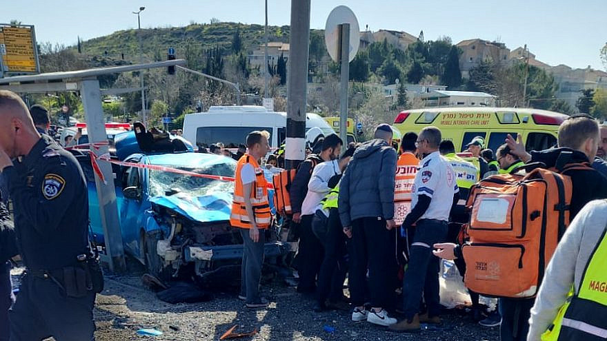 The scene of a deadly terrorist attack after an Israeli Arab drove a car into people near the Ramot neighborhood of Jerusalem on Feb. 10, 2023. Credit: United Hatzalah.