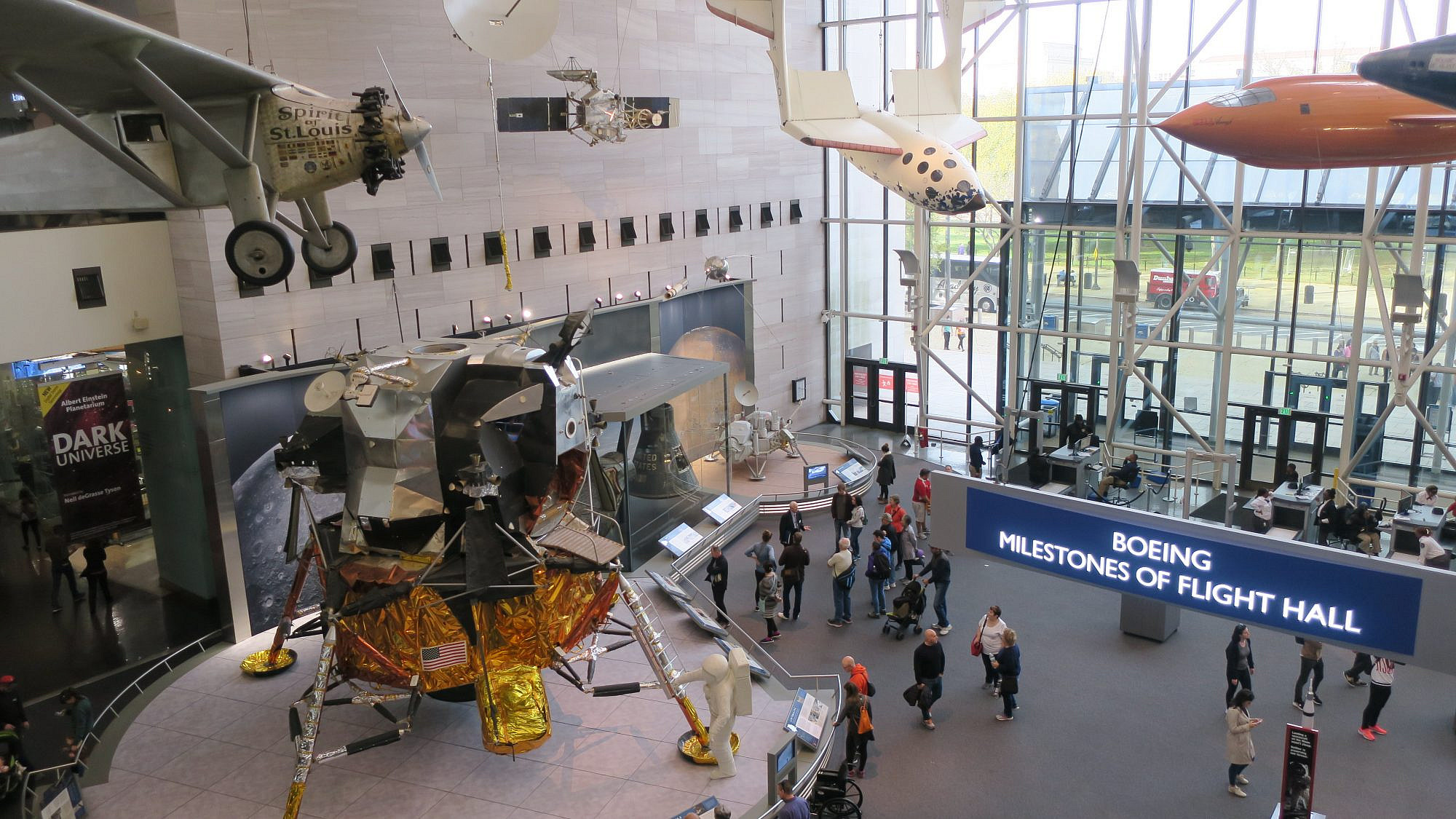 The Smithsonian National Air and Space Museum on the National Mall in Washington, D.C., with Charles Lindbergh's “Spirit of St. Louis” in the top left corner. Photo by Menachem Wecker.