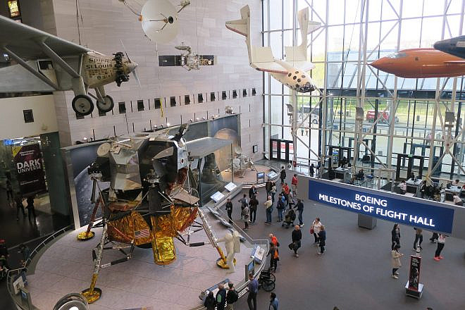 The Smithsonian National Air and Space Museum on the National Mall in Washington, D.C., with Charles Lindbergh's “Spirit of St. Louis” in the top left corner. Photo by Menachem Wecker.