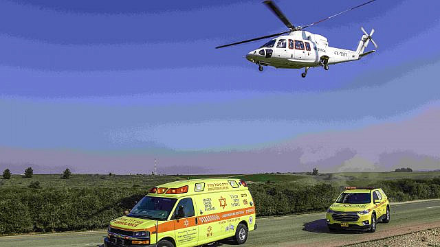 A Hatzolah Air Medivac Helicopter drills with a Magen David Adom ambulance in Israel. Courtesy of MDA.