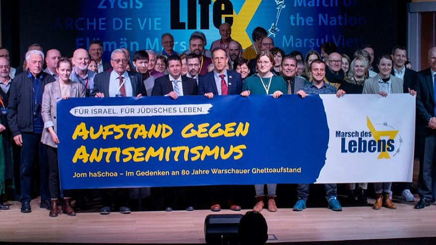 "Uprising against Antisemitism," the banner reads at a March of Life event in Germany. Credit: courtesy.