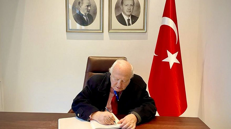 Miguel Moratinos, the U.N. high representative for the Alliance of Civilizations, signs the condolences book at the Turkish Mission to the U.N., Feb. 11, 2023. Credit: Turkish Mission to the UN and Turkish MFA.